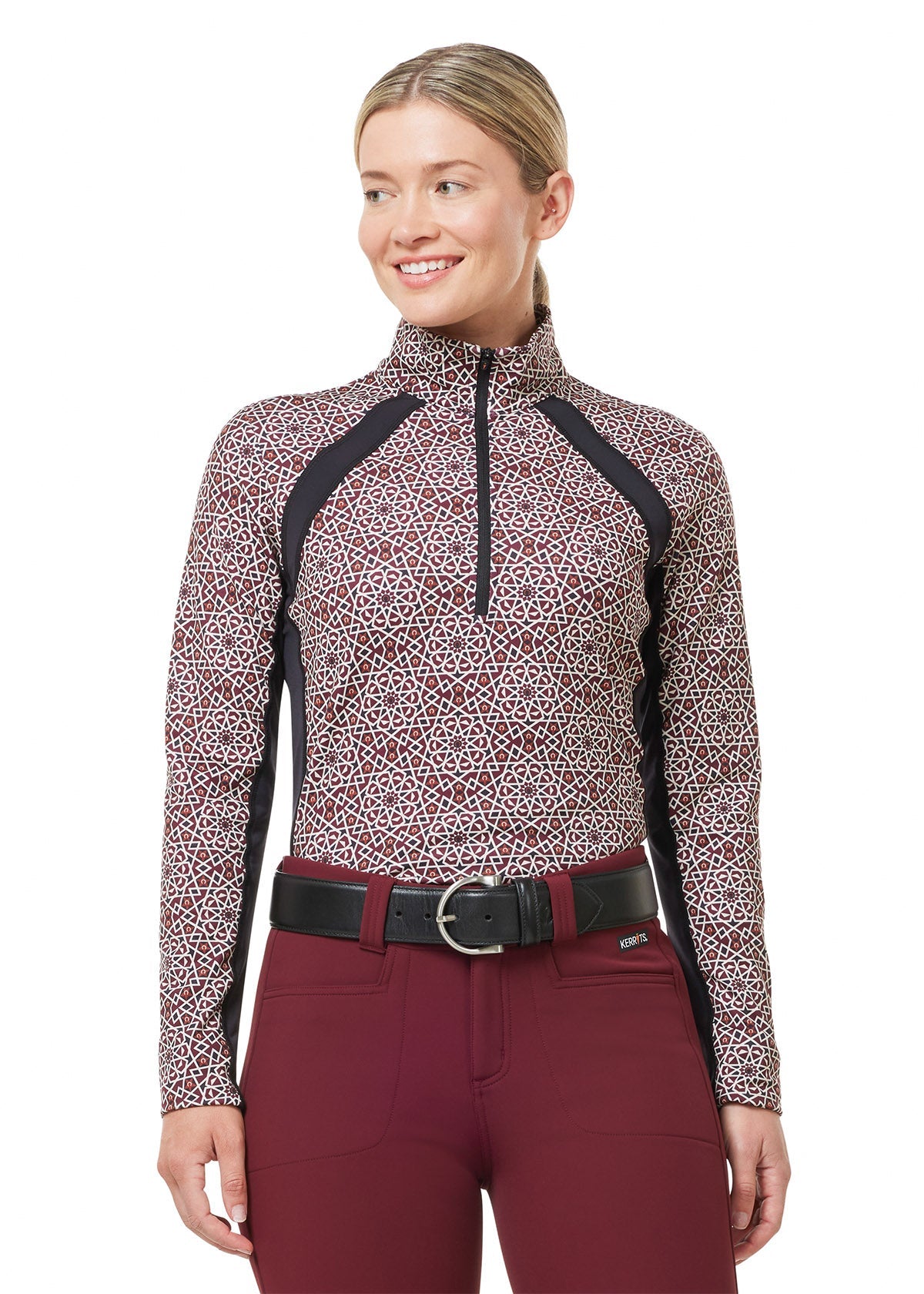 Kerrits Equestrian Apparel Rail Side Quarter Zip Fleece Tech Long Sleeve Top - Print Sangria Starlight