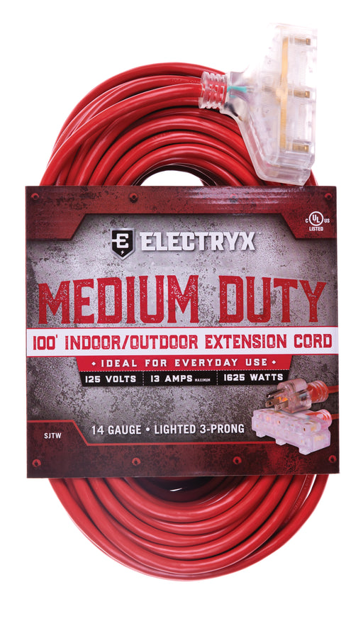 Electryx Medium Duty Indoor/Outdoor 3 Plug Extension Cord - 14 Gauge - Red 100FT / Red