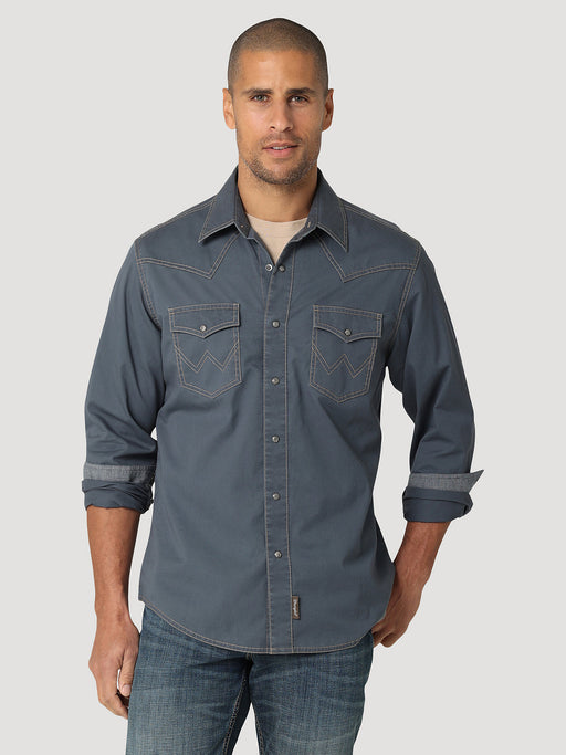 Men's Wrangler Retro Premium Contrast Trim Western Snap Flap Pocket Solid Shirt In Ombre Blue Denim