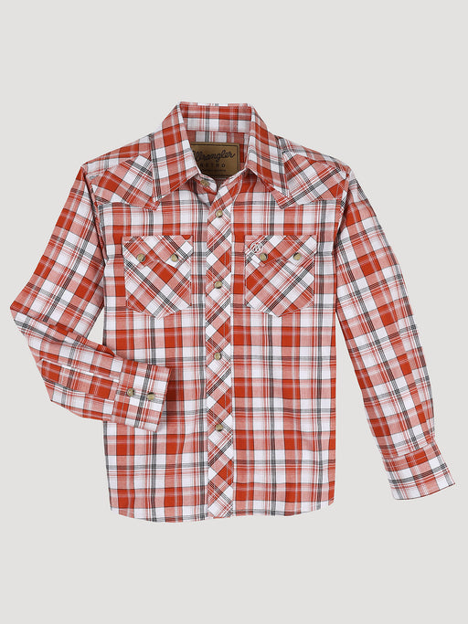 Boy's Wrangler Retro Western Snap Plaid Shirt With Front Sawtooth Pockets In Pumpkin Multi