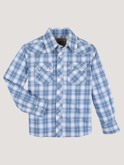 Boy's Wrangler Retro Western Snap Plaid Shirt With Front Sawtooth Pockets In Cobalt Multi