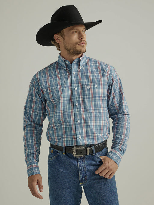 Men's Wrangler George Strait Long Sleeve Button Down One Pocket Shirt In Steel Blue Plaid N/a