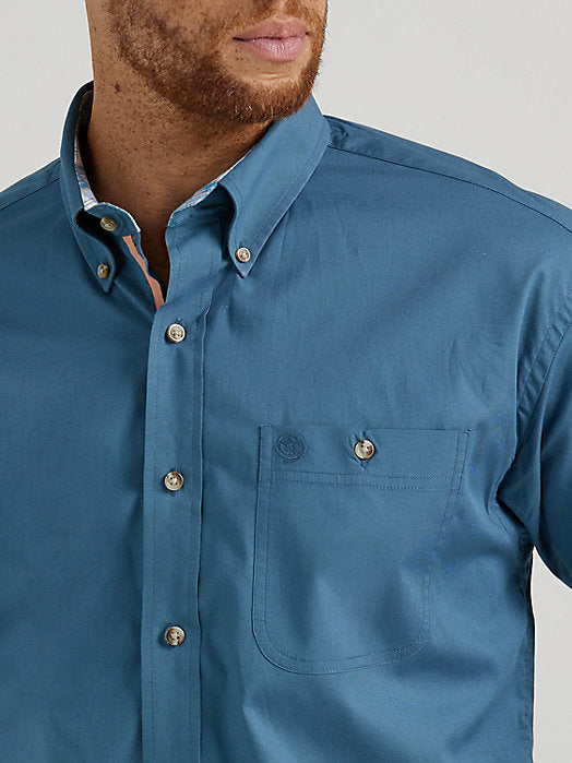 Wrangler George Strait Long Sleeve Button Down One Pocket Shirt - Steel Blue Steel Blue / / REG