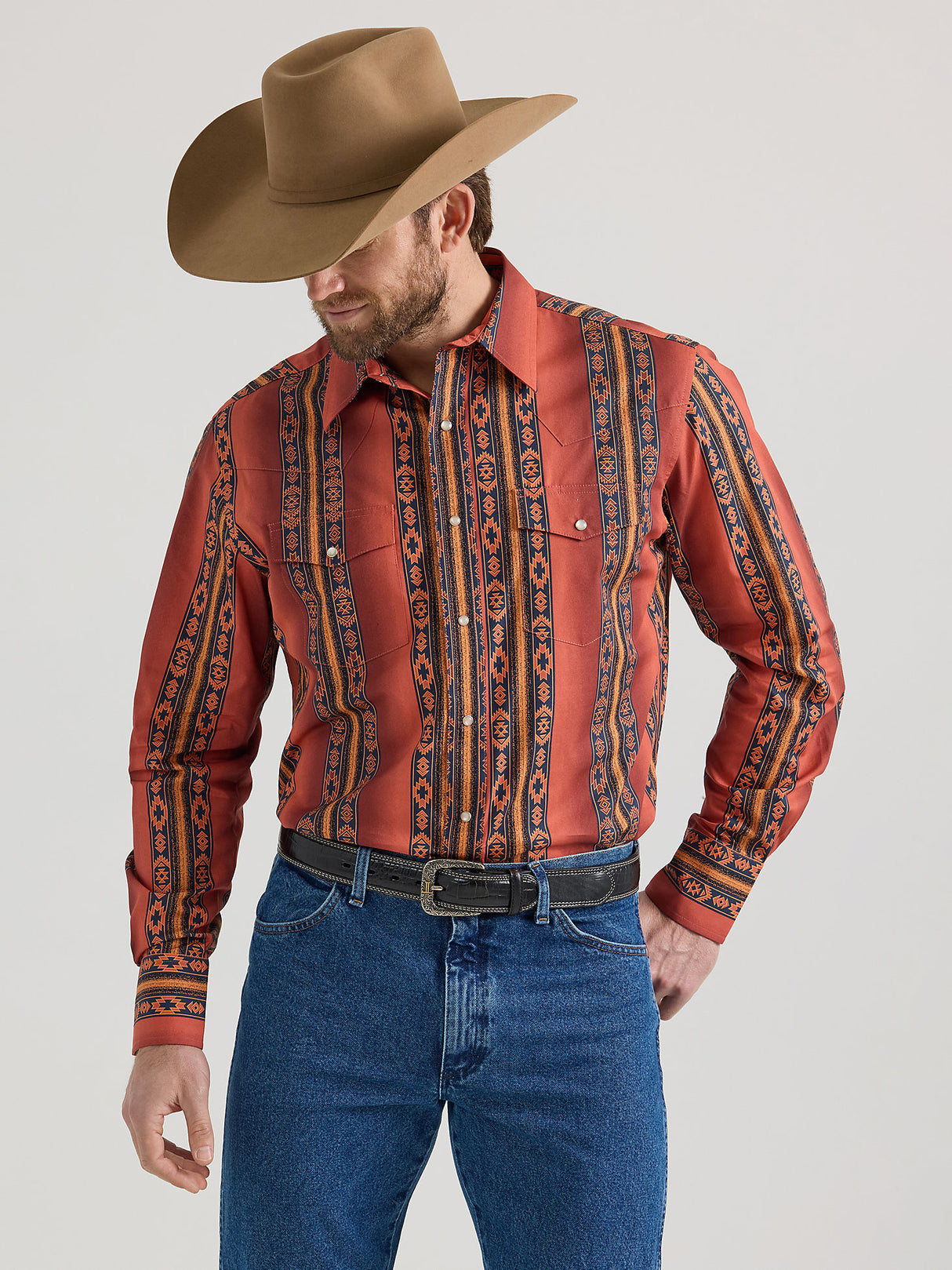 Wrangler Men's Checotah Long Sleeve Western Snap Printed Shirt - Rusty Orange Rusty Orange / / REG