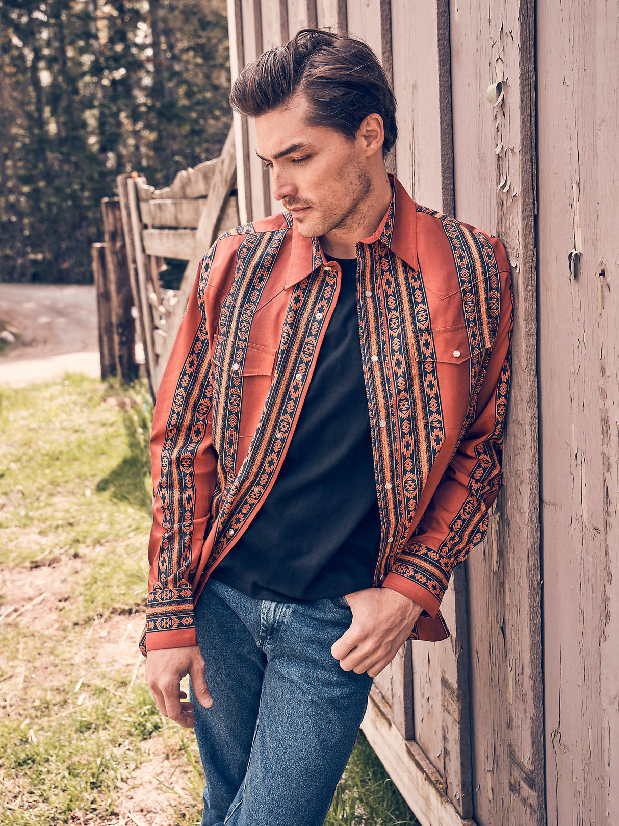 Wrangler Men's Checotah Long Sleeve Western Snap Printed Shirt - Rusty Orange Rusty Orange / / REG