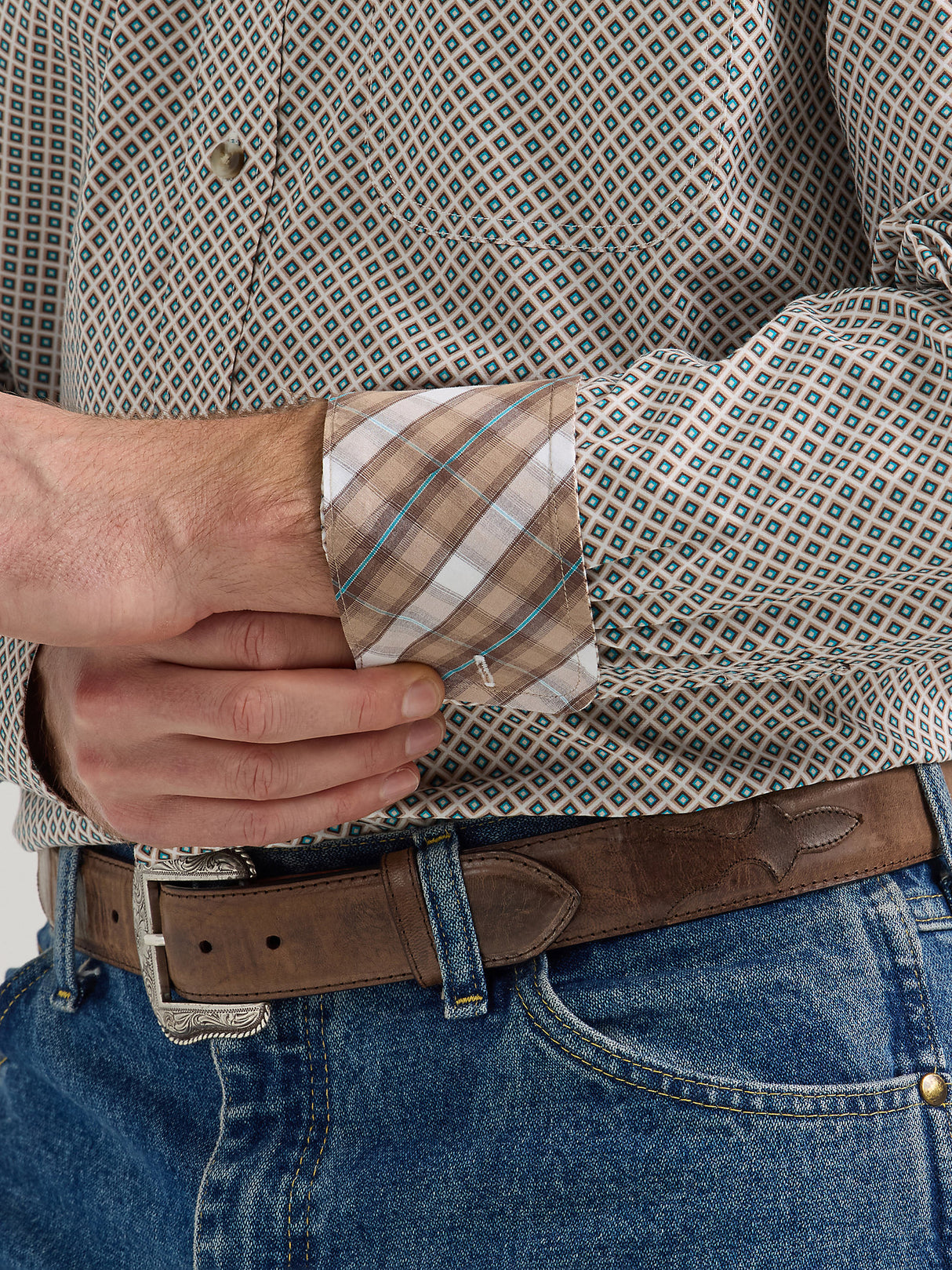 Wrangler Men's George Strait Long Sleeve Button Down One Pocket Shirt - Tan Diamonds Tan Diamonds / / REG