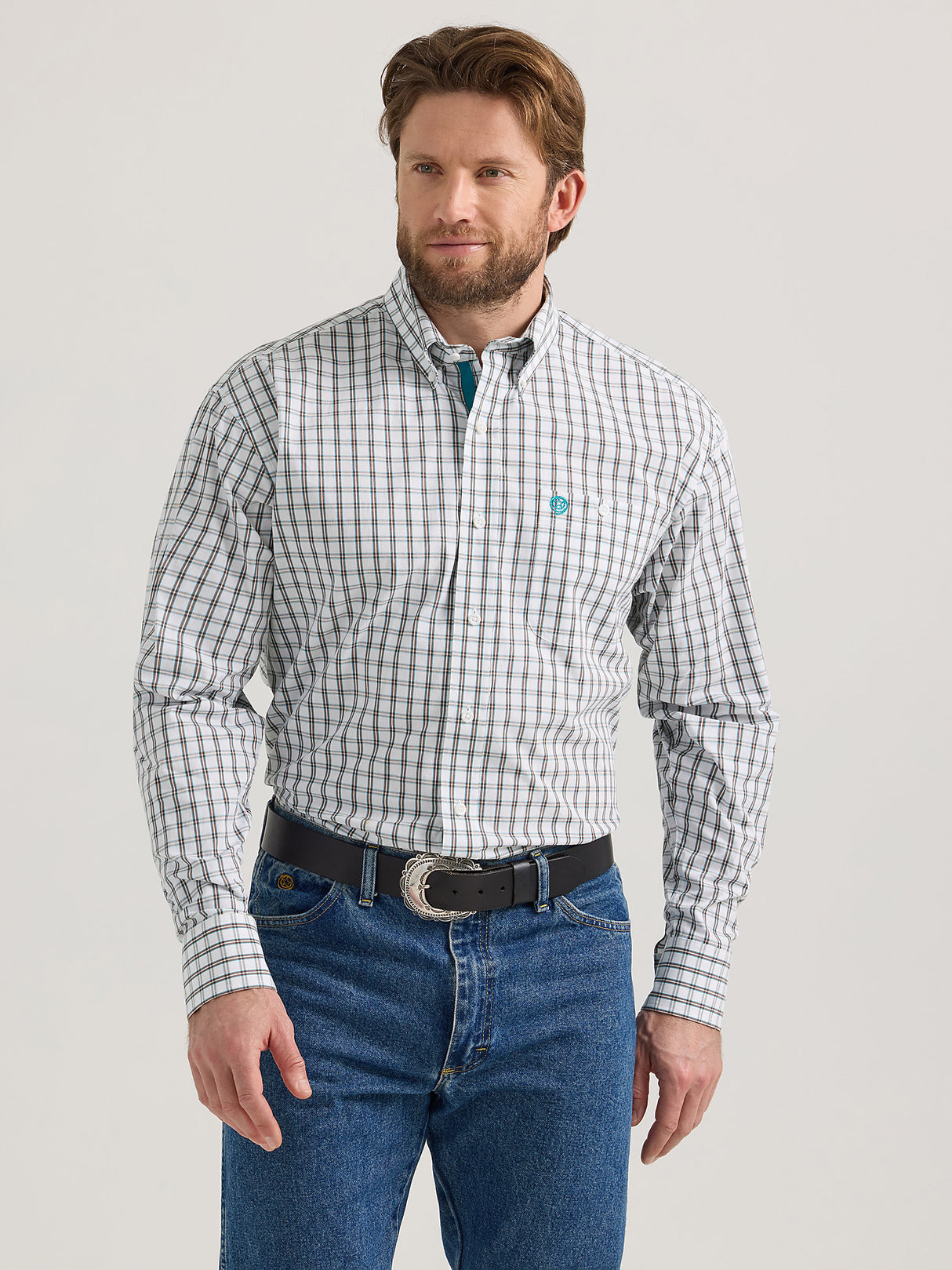 Wrangler Men's George Strait Long Sleeve Button Down One Pocket Shirt - White Caramel Pane White Caramel Pane / / REG