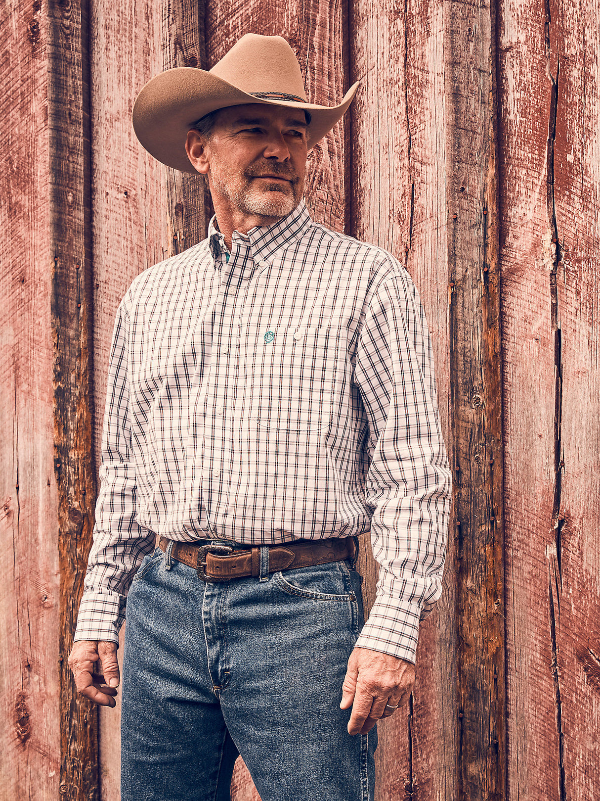 Wrangler Men's George Strait Long Sleeve Button Down One Pocket Shirt - White Caramel Pane White Caramel Pane / / REG