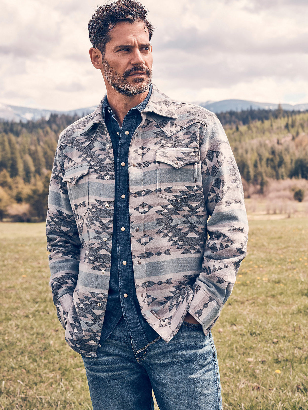 Wrangler Men's Retro Premium Jacquard Snap Shirt Jacket - Blue Steel Blue Steel / / REG