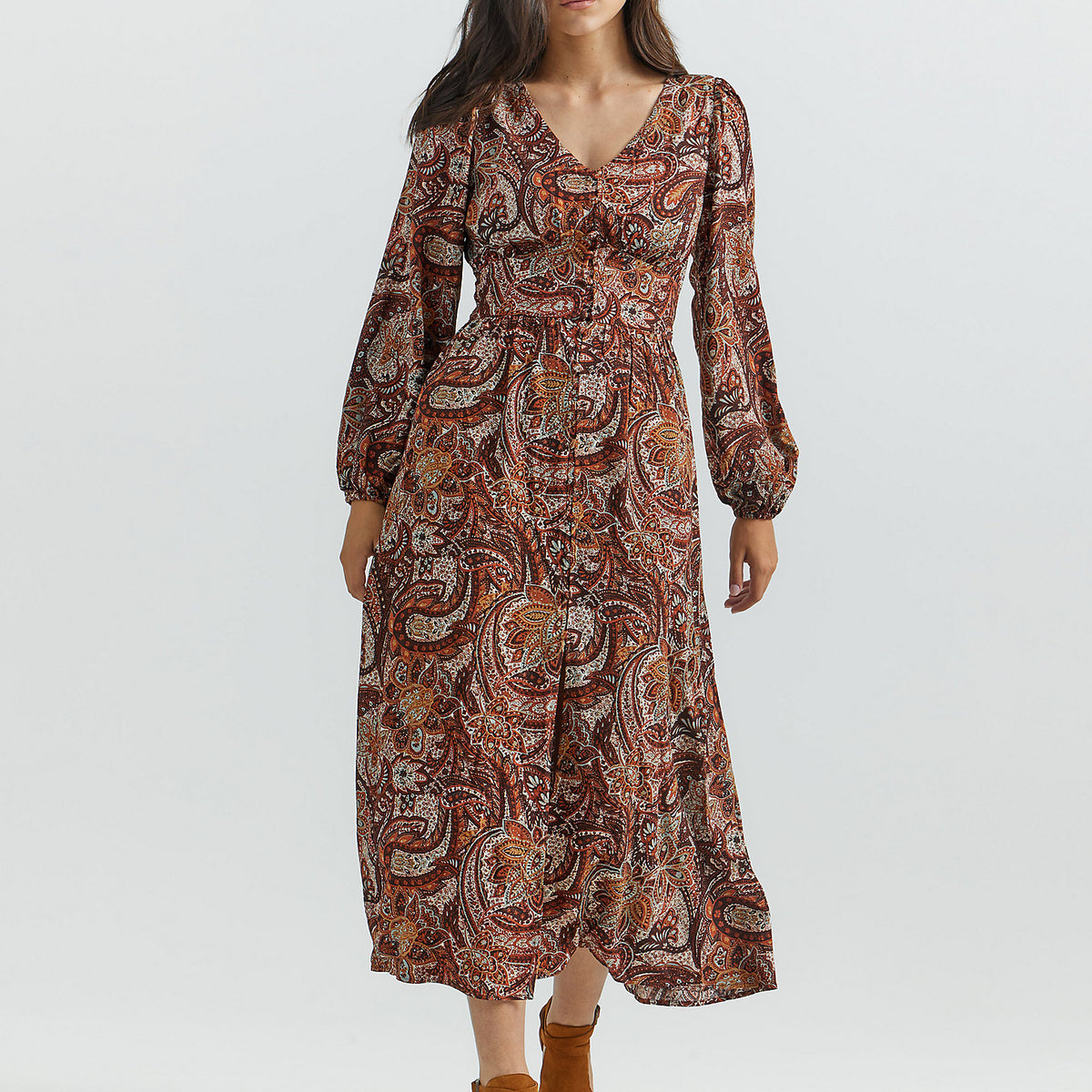 Wrangler Women's Paisley Button Front Maxi Dress Dress - Burgundy