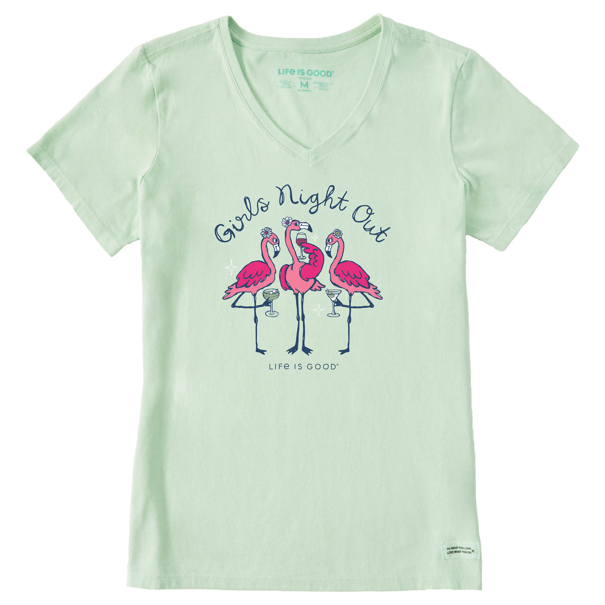 Life Is Good Womens Girls Night Out Flamingo Short Sleeve Crusher Vee - Sage Green age Green / S
