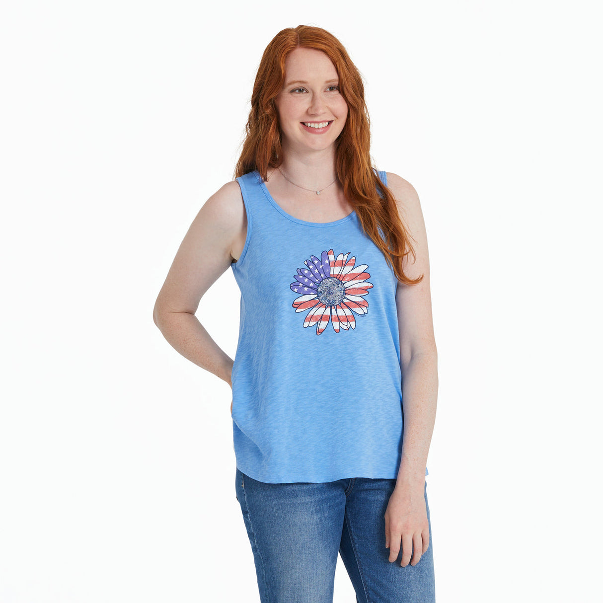 Life Is Good Womens America The Beautiful Daisy Textured Slub Tank - Cornflower Blue Cornflower Blue