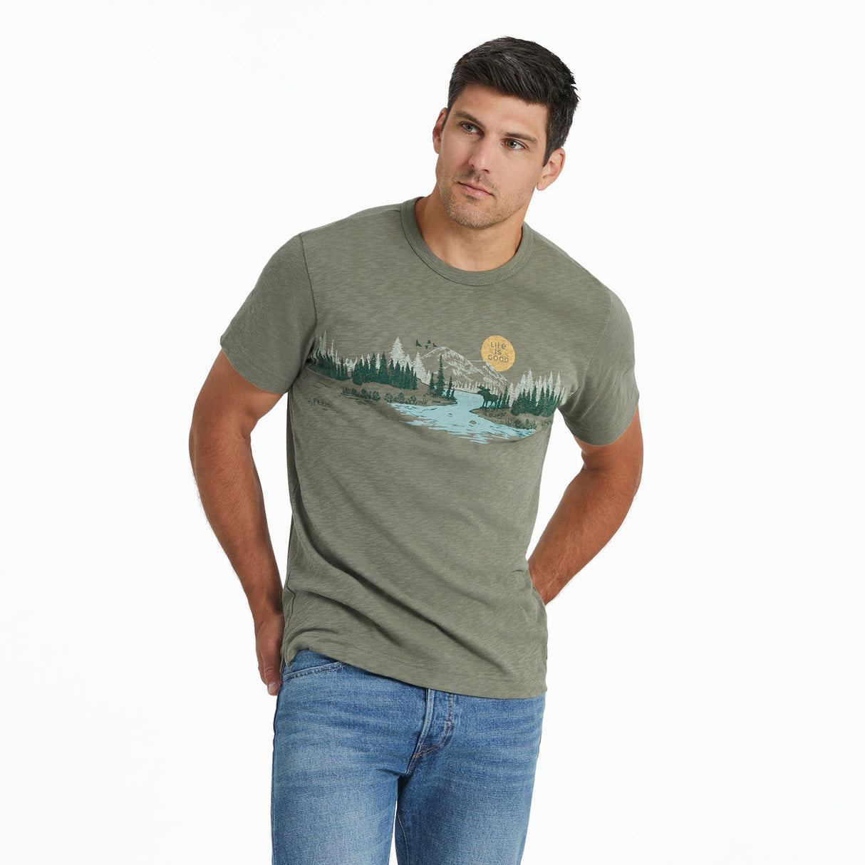 Life Is Good Mens Rural Linework Landscape Slim Fit Slub Tee - Moss Green oss Green / M