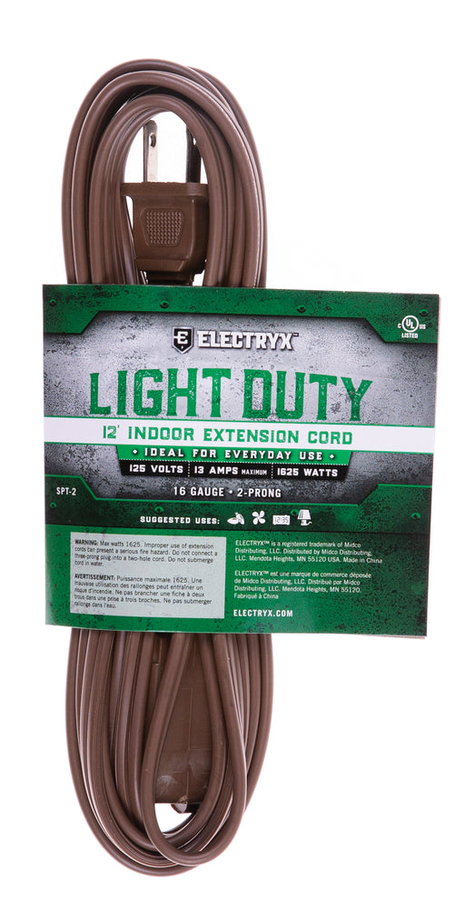 Electryx 12ft Light Duty Indoor Extension Cord - 16 Gauge Brown / 12FT