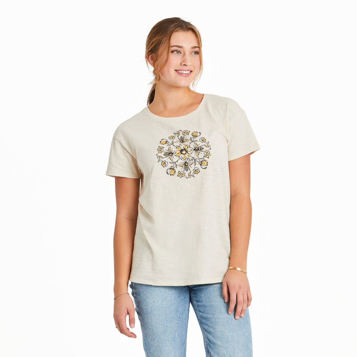 Life Is Good Womens Floral Bee Mandala Easy Fit Slub Tee - Putty White Putty White