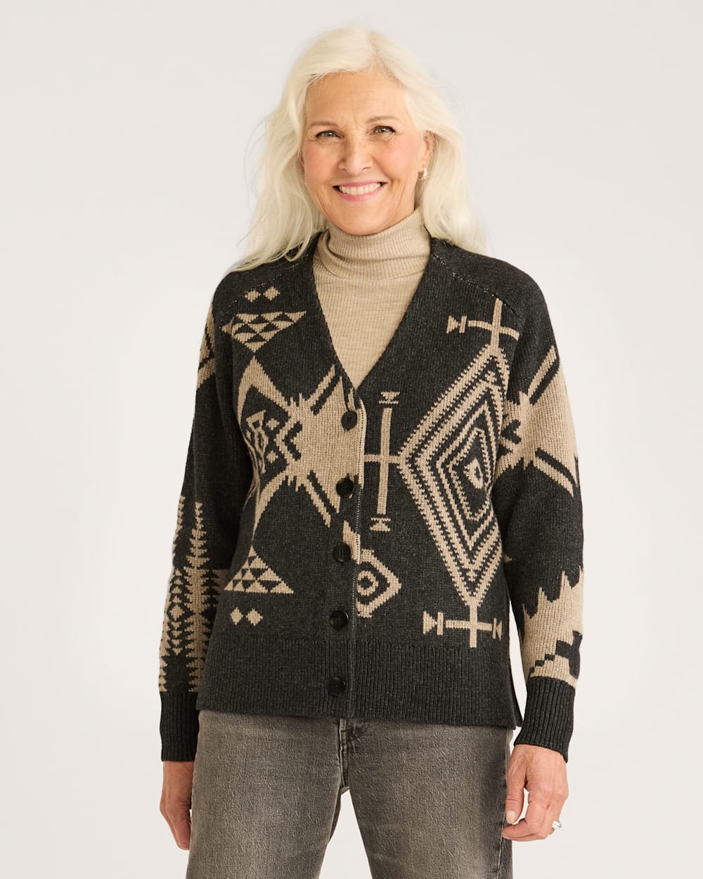 Pendleton Women's Lambswool Mixed Graphic Cardigan Blk taupe
