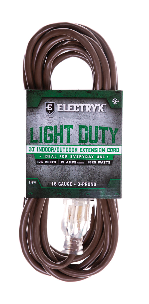 Electryx 20ft Light Duty Indoor/Outdoor Extension Cord - 16 Gauge Brown / 20FT