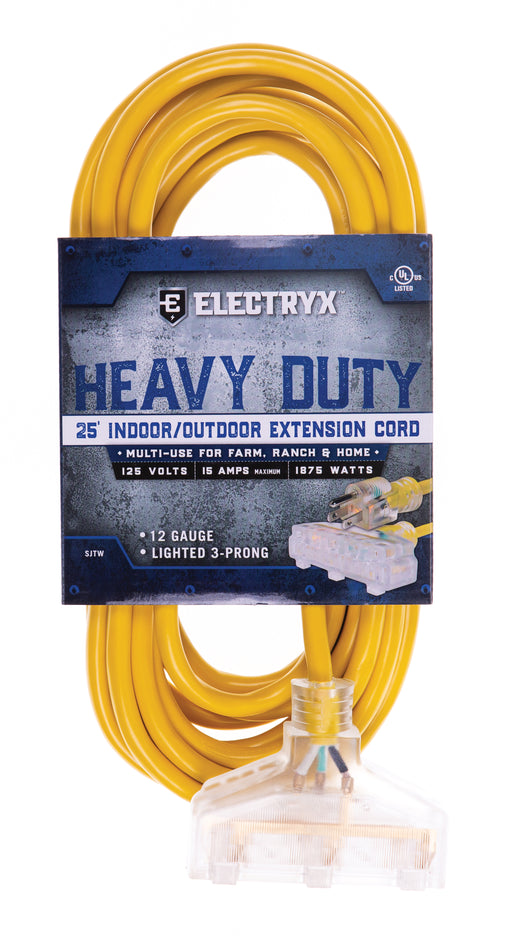 Electryx Heavy Duty Indoor/Outdoor 3 Plug Extension Cord - 12 Gauge - Yellow 25FT / Yellow
