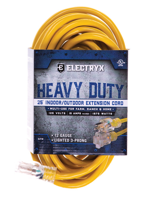 Electryx Heavy Duty Indoor/Outdoor Extension Cord - 12 Gauge - Yellow 25FT / Yellow