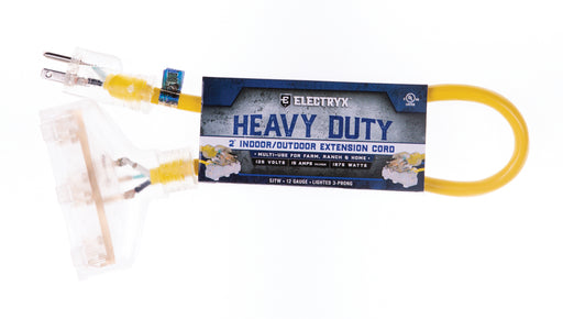 Electryx Heavy Duty Indoor/Outdoor 3 Plug Extension Cord - 12 Gauge - Yellow 2FT / Yellow