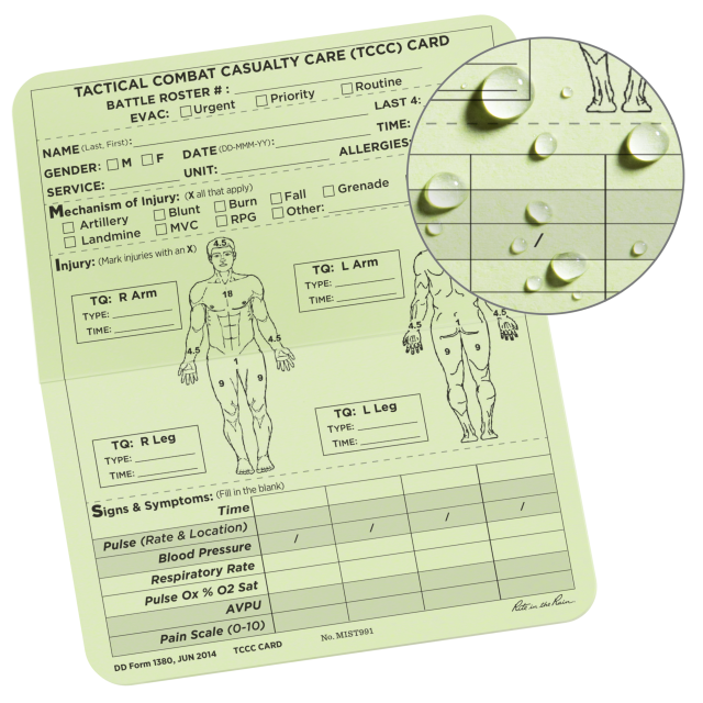 Rite In The Rain All-weather Combat Card, Tactical Combat Casualty Care Card (Tcc / Mist), 6" X 5", 50 Weatherproof C Green
