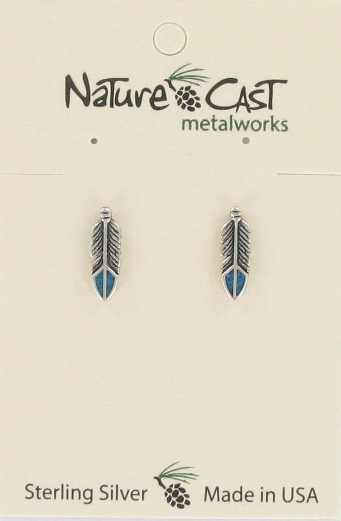 Nature Cast Metalworks Feather With Turquoise Inlay Sterling Silver Post Earring