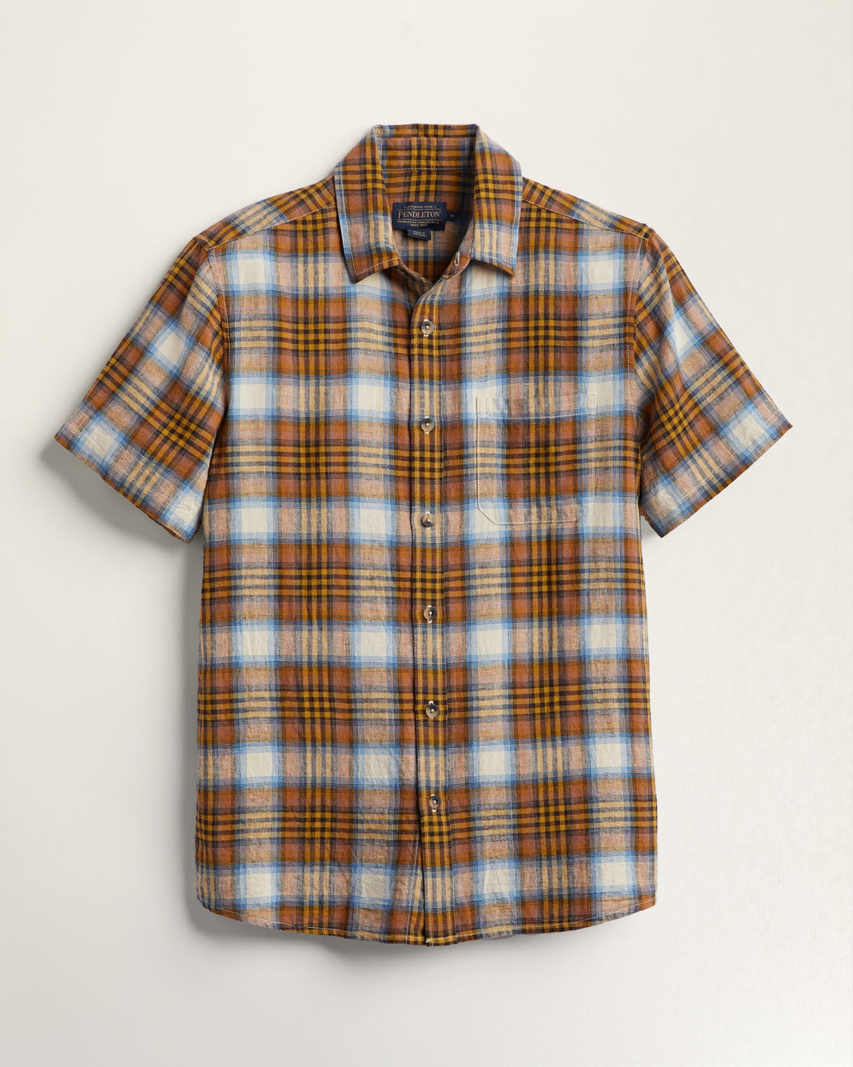 Pendleton Men's Short-sleeve Dawson Linen Shirt Adobe/tan/blue plaid