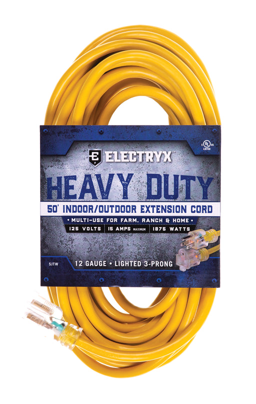 Electryx Heavy Duty Indoor/Outdoor Extension Cord - 12 Gauge - Yellow 50FT / Yellow