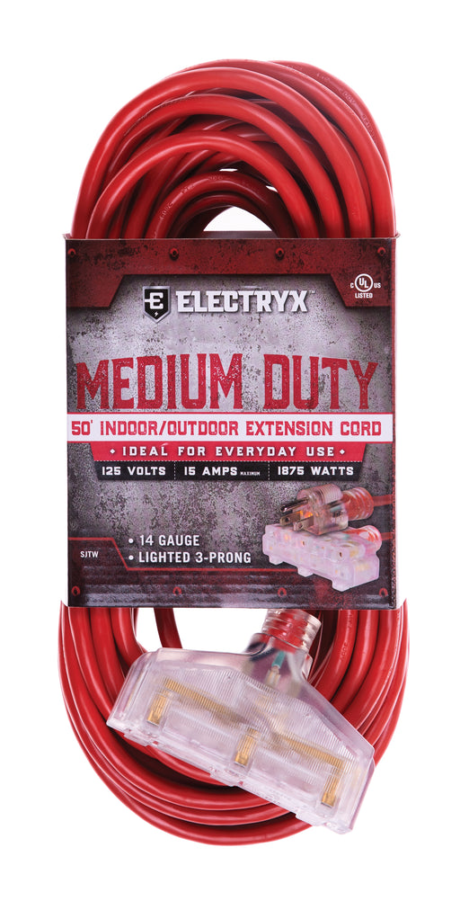 Electryx Medium Duty Indoor/Outdoor 3 Plug Extension Cord - 14 Gauge - Red 50FT / Red