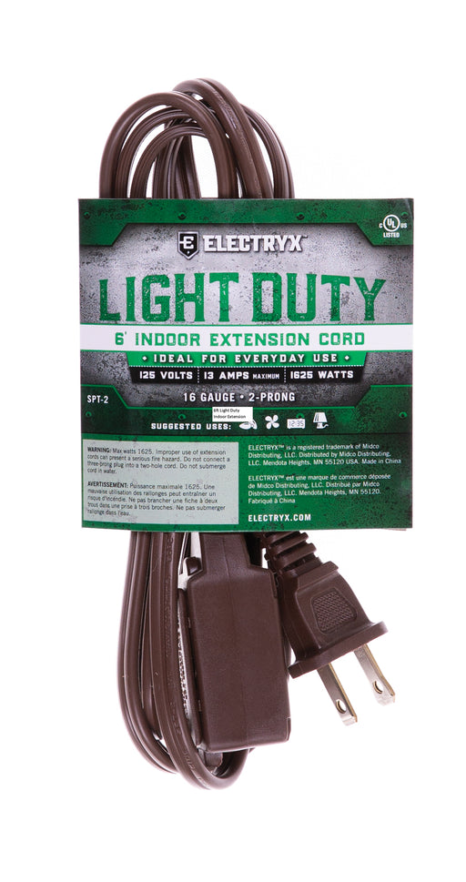 Electryx 6ft Light Duty Indoor Extension Cord - 16 Gauge Brown / 6FT