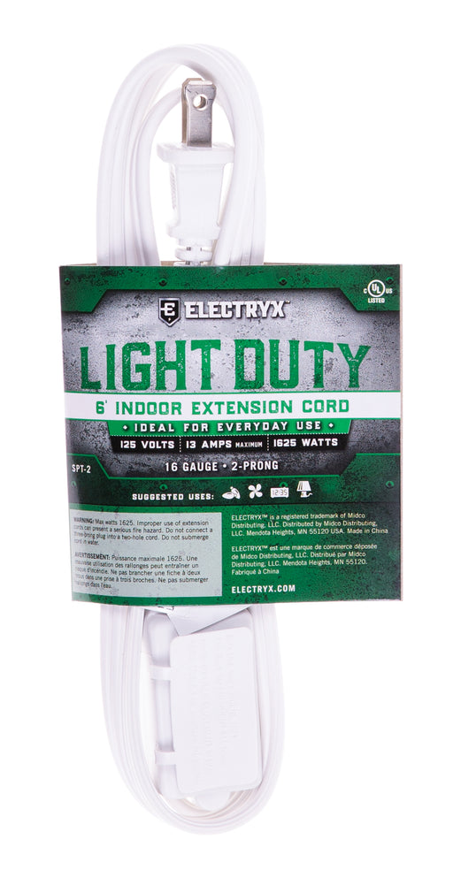 Electryx 6ft Light Duty Indoor Extension Cord - 16 Gauge White / 6FT
