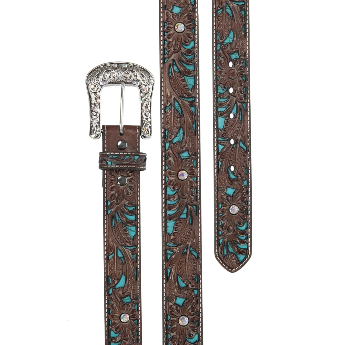Ariat Womens Floral Tooled Turquoise Inlay Leather Belt Brown & Teal / / 1-1/2 in.
