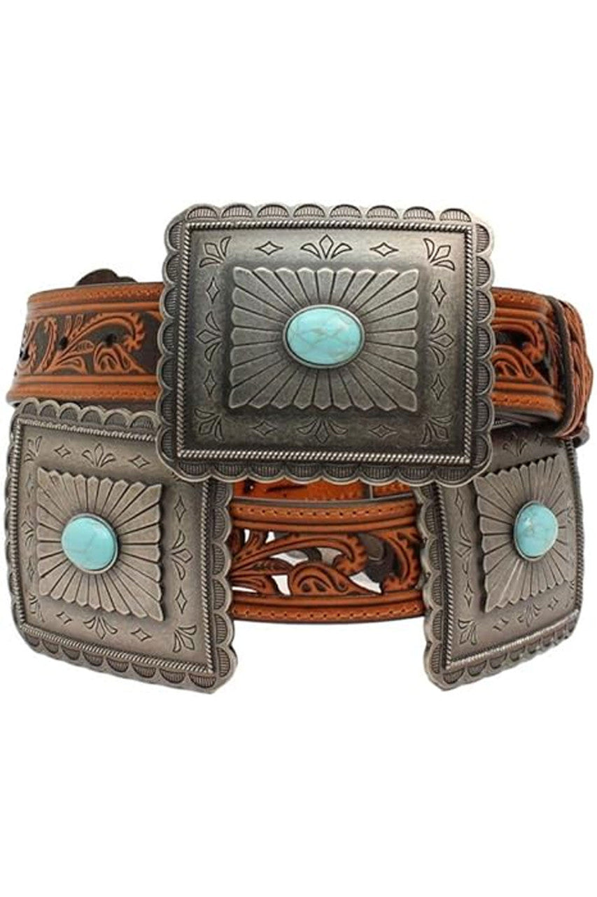 Ariat Womens Tooled Leather Belt with Rectangle Conchos Brown / / 1-1/2 in.