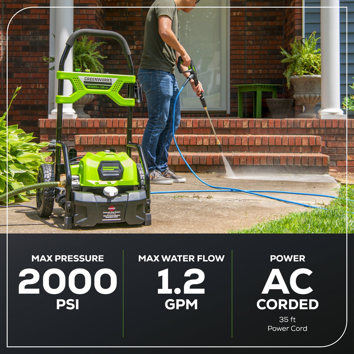 Greenworks 2000 PSI 1.2 GPM Cold Water Electric Pressure Washer with 12-inch Surface Cleaner and Premium Foam Cannon