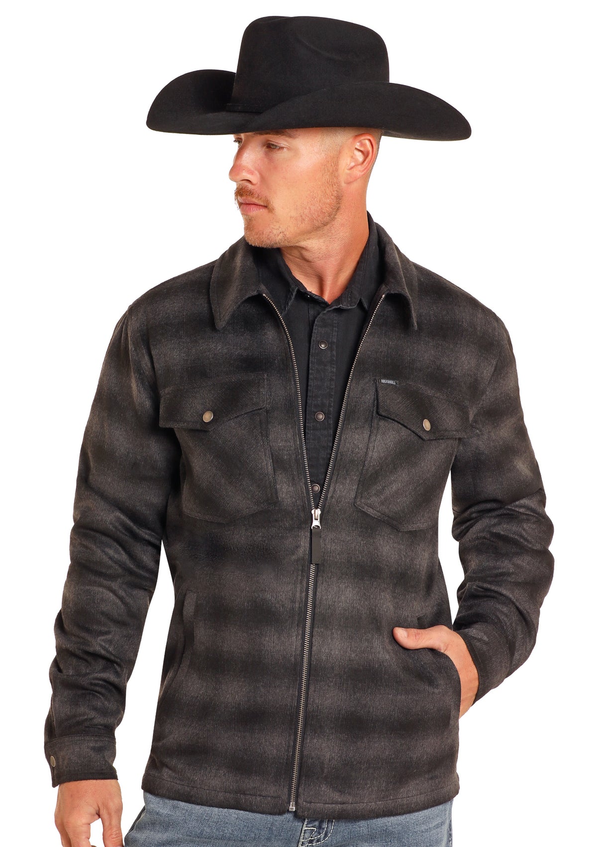 Rock & Roll Denim Brushed Ombre Plaid Zip Up Jacket