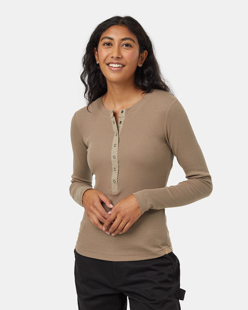 Tentree Women's Rib Snap Placket Henley - Fossil Fossil