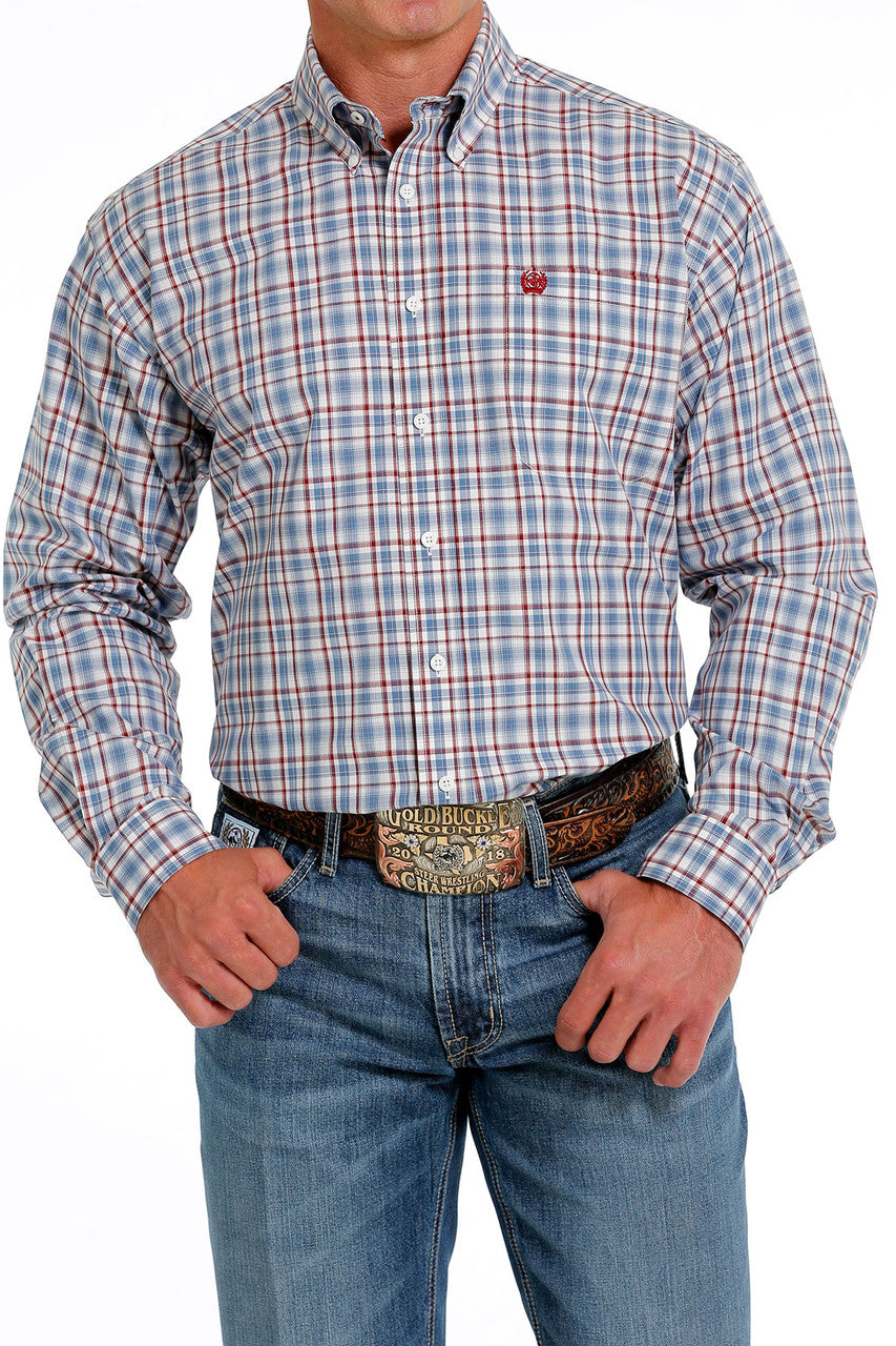 Cinch Men's Plaid Button-Down Long Sleeve Western Shirt - Burgundy Cream & Steel Blue Burgundy Cream & Steel Blue