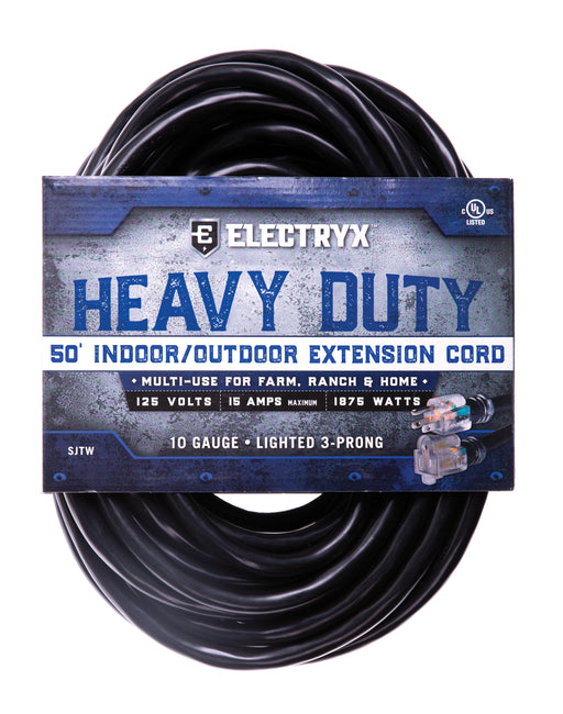 Electryx Heavy Duty Indoor/Outdoor Extension Cord - 10 Gauge - Black 50FT / Black