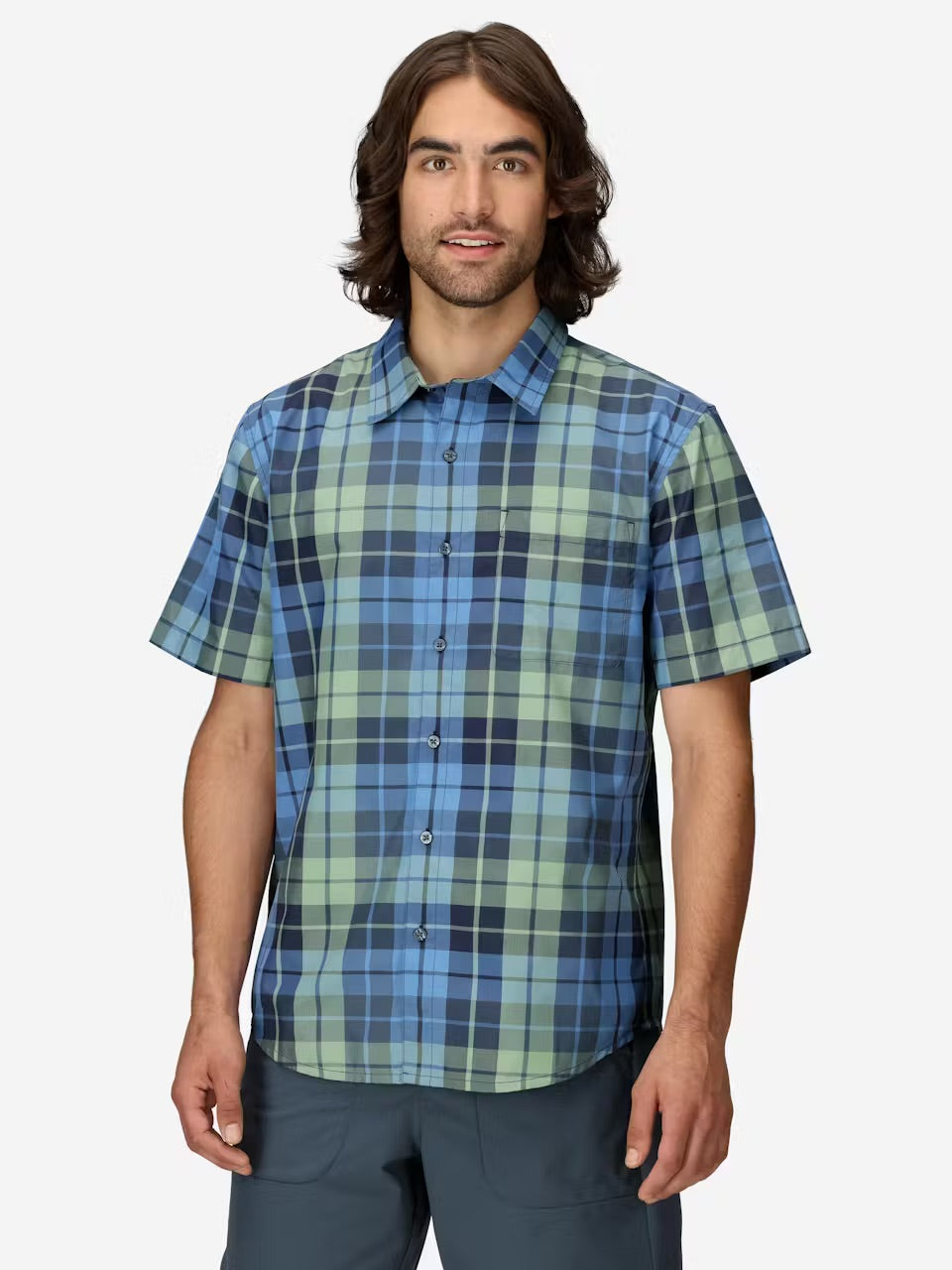 Marmot Mens AirExchange Novelty Short Sleeve Collared Shirt UPF 40 - Arctic Navy Wayland Plaid