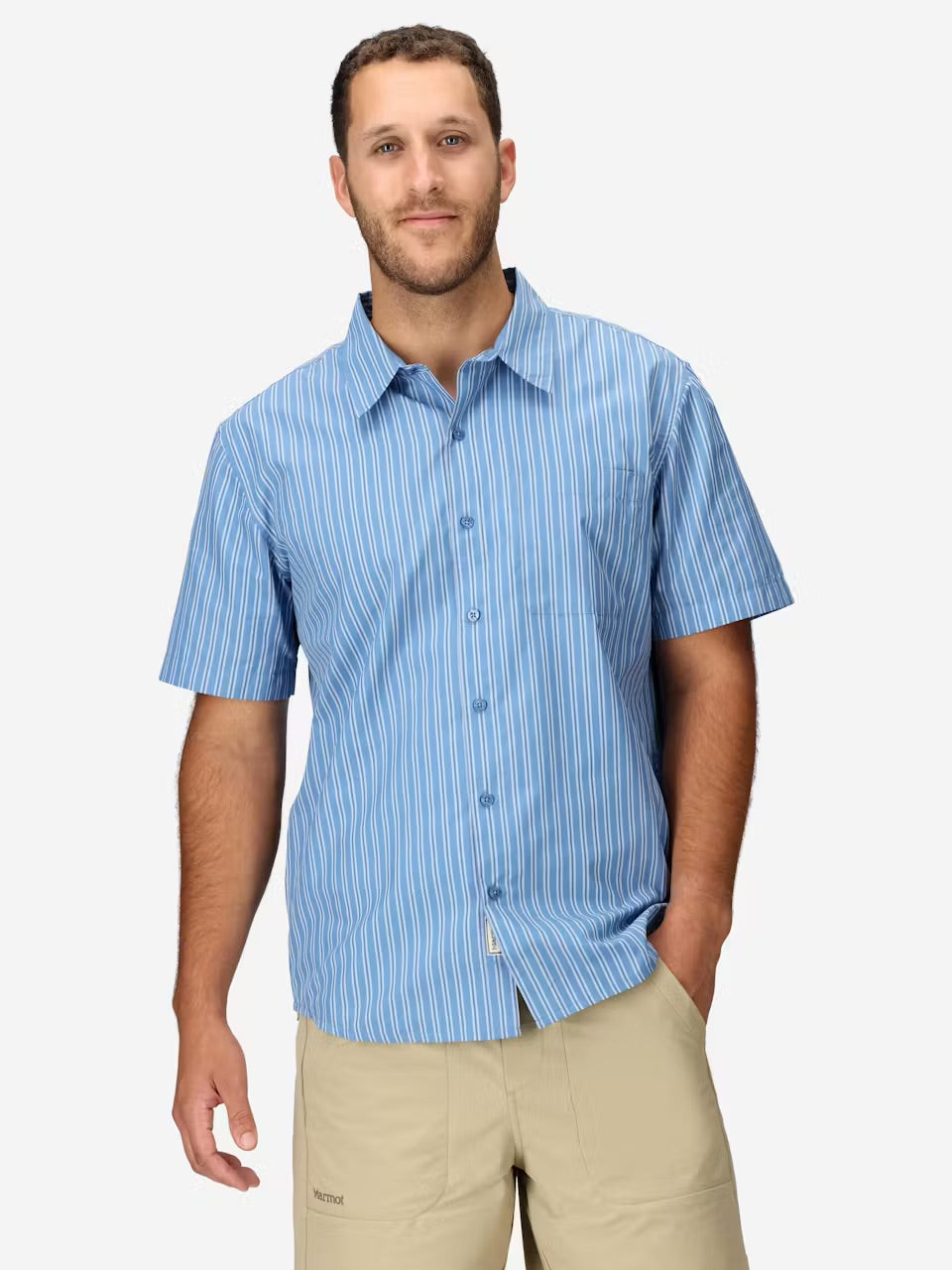 Marmot Mens AirExchange Novelty Short Sleeve Collared Shirt UPF 40 - Rain Cloud Blue Tomales Stripe Rain Cloud Blue Tomales Stripe