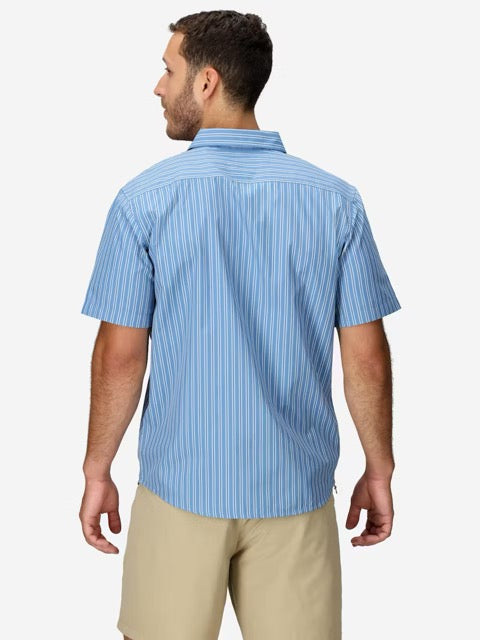 Marmot Mens AirExchange Novelty Short Sleeve Collared Shirt UPF 40 - Rain Cloud Blue Tomales Stripe