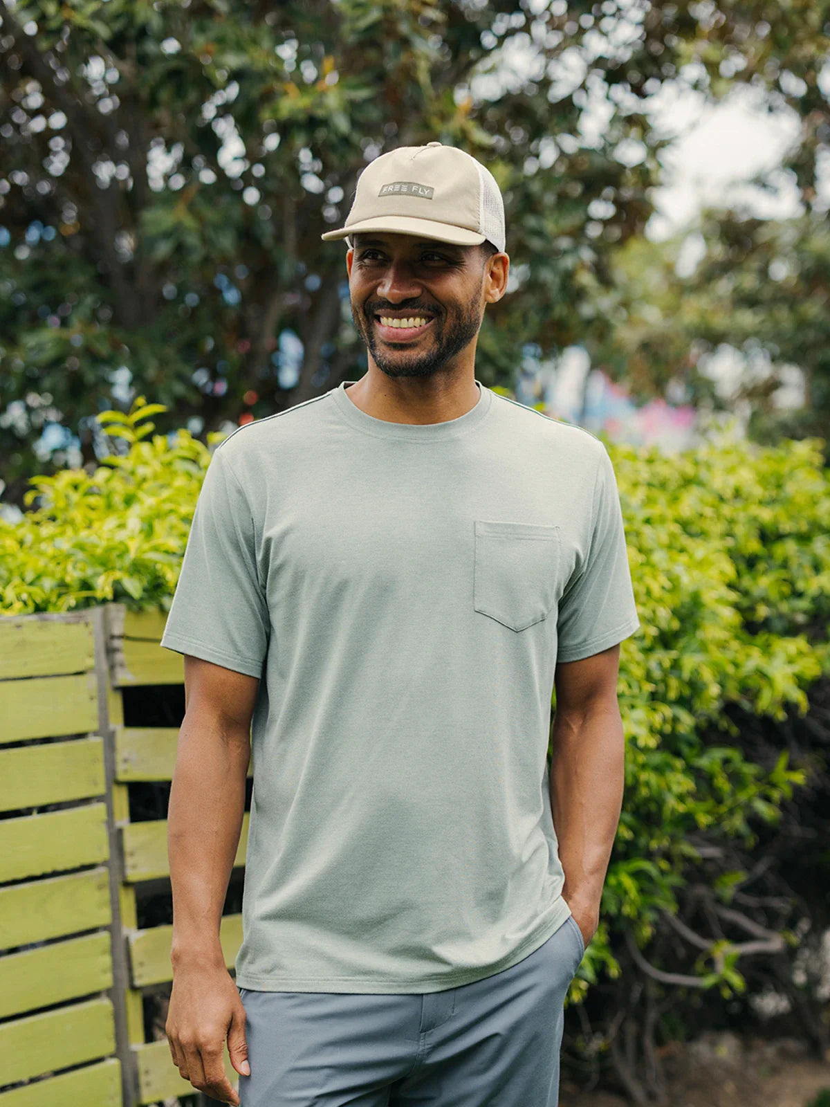 Free Fly Apparel Mens Bamboo Flex Pocket Tee - Heather Aspen Grey