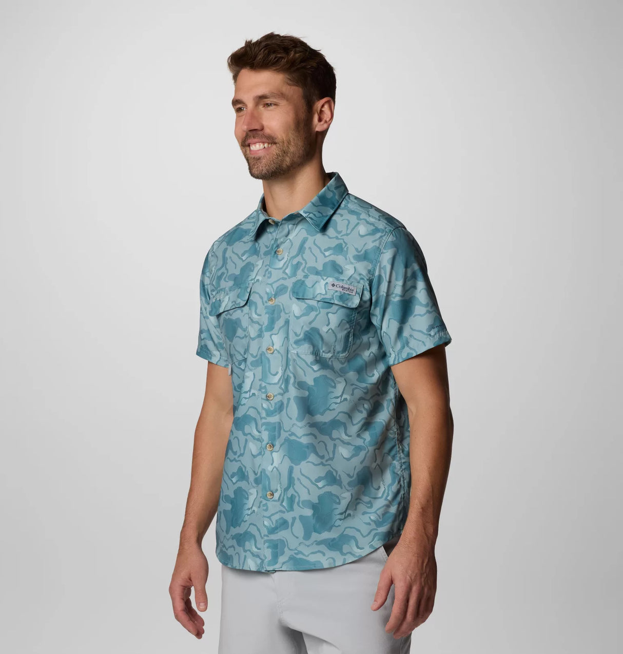 Columbia Mens PFG Uncharted Printed Short Sleeve Shirt - Crushed Blue Swamplands