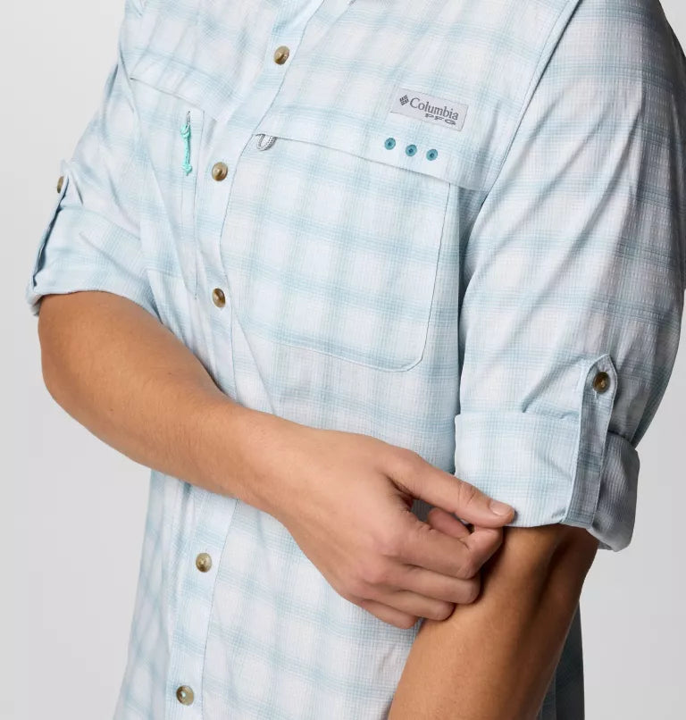 Columbia Mens PFG Wild Cast Performance Yarn Dye Long Sleeve Shirt - Crushed Blue Multi Mod Ombre