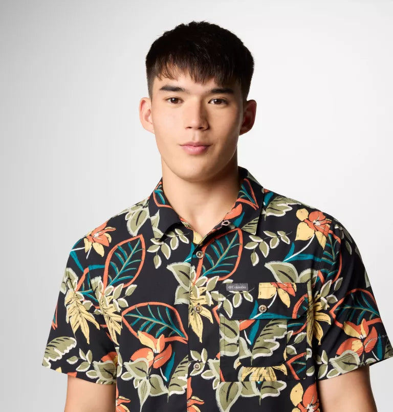 Columbia Mens Tech Trail Utility Printed Woven Short Sleeve Shirt - Black Pasteled