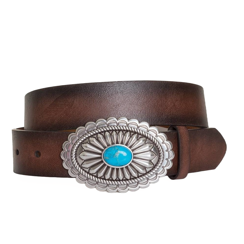 Ariat Lucinda Brown Leather Belt with Silver & Turquoise Buckle Brown / / 1-1/2 in.