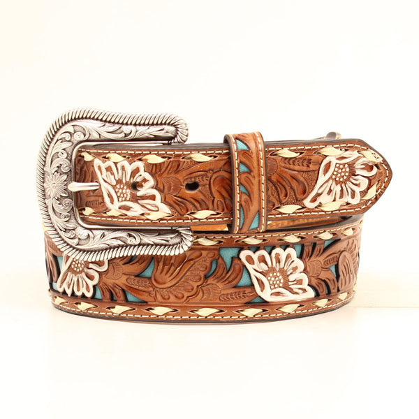 Nocona Womens Pierced Floral Overlay Tooled Leather Belt - Brown Brown / / 1-7/8 in - 1-1/2 in.