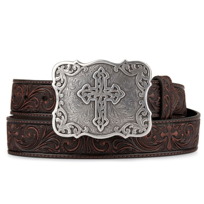 Nocona Womens Floral Tooled Leather Belt with Cross Buckle - Dark Brown Dark Brown / / 1-1/2 in.