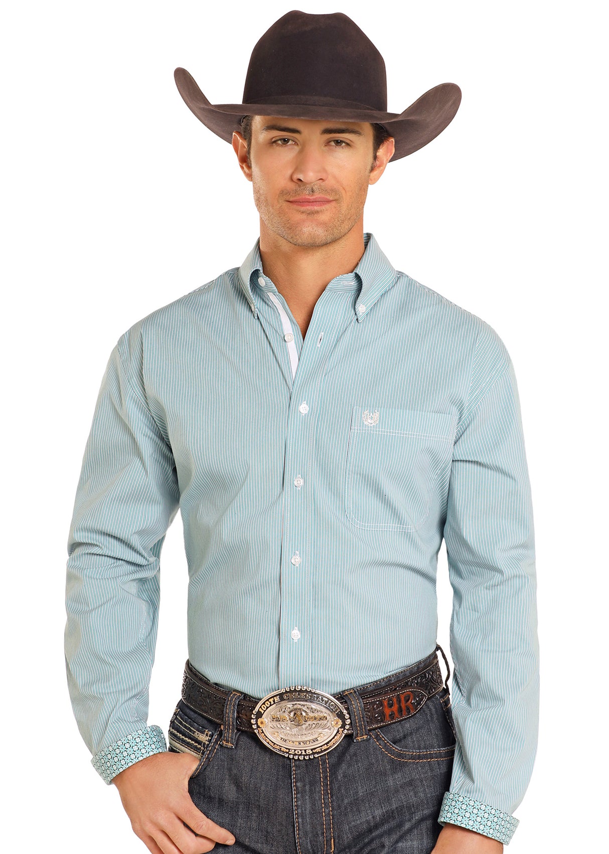 Panhandle Western Wear Rough Stock Long Sleeve Button Down - Turquoise Stripe
