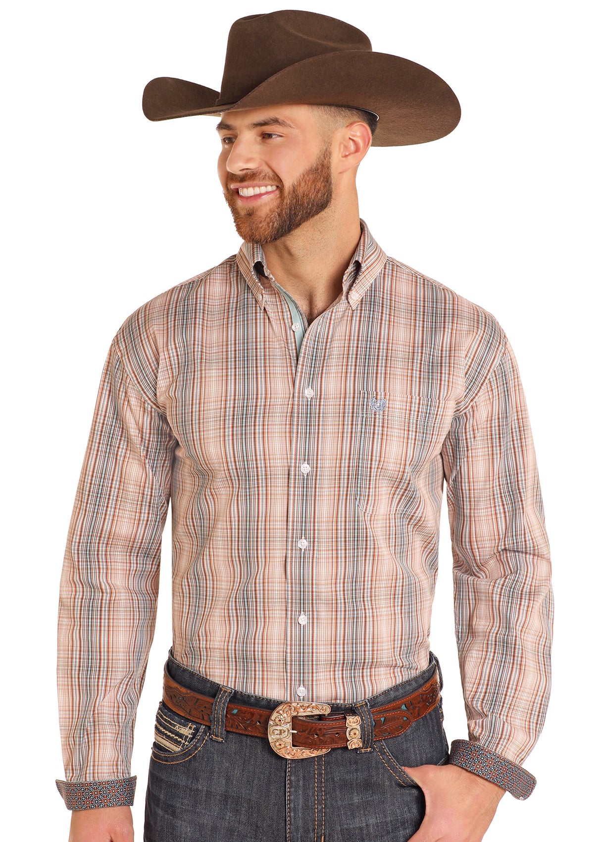 Panhandle Western Wear Rough Stock Long Sleeve Button Down - Tan Ombre Plaid